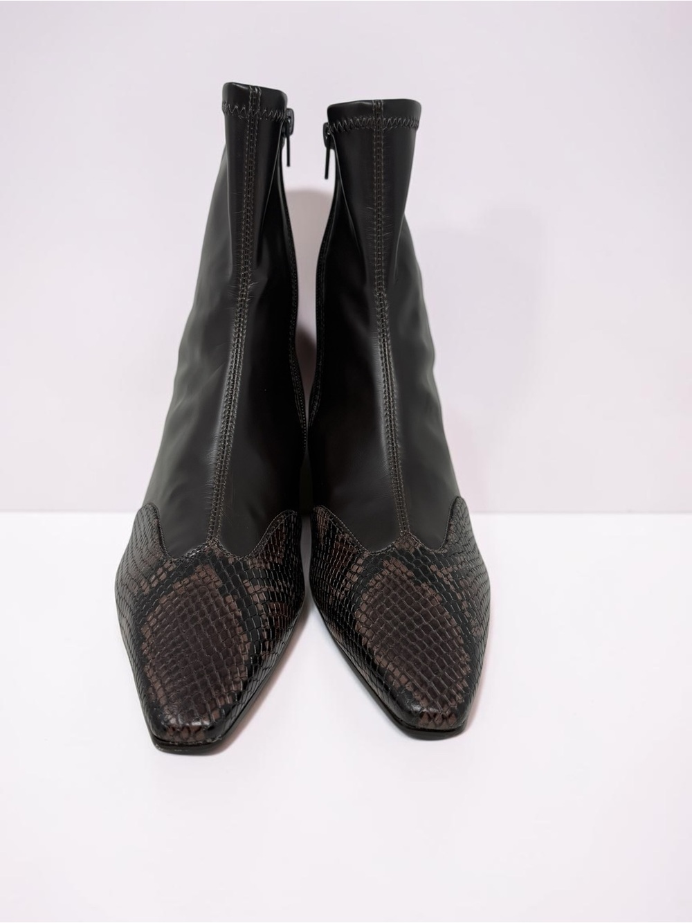 ✨ Anthropologie Maeve Pointed Toe Snakeskin Cap-Toe Stretch Ankle Booties ✨ - Picture 7 of 12